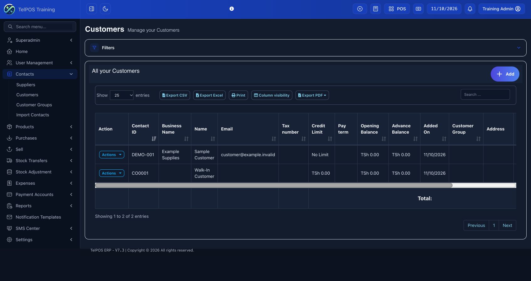 TelPOS ERP training workspace: Create customers and suppliers