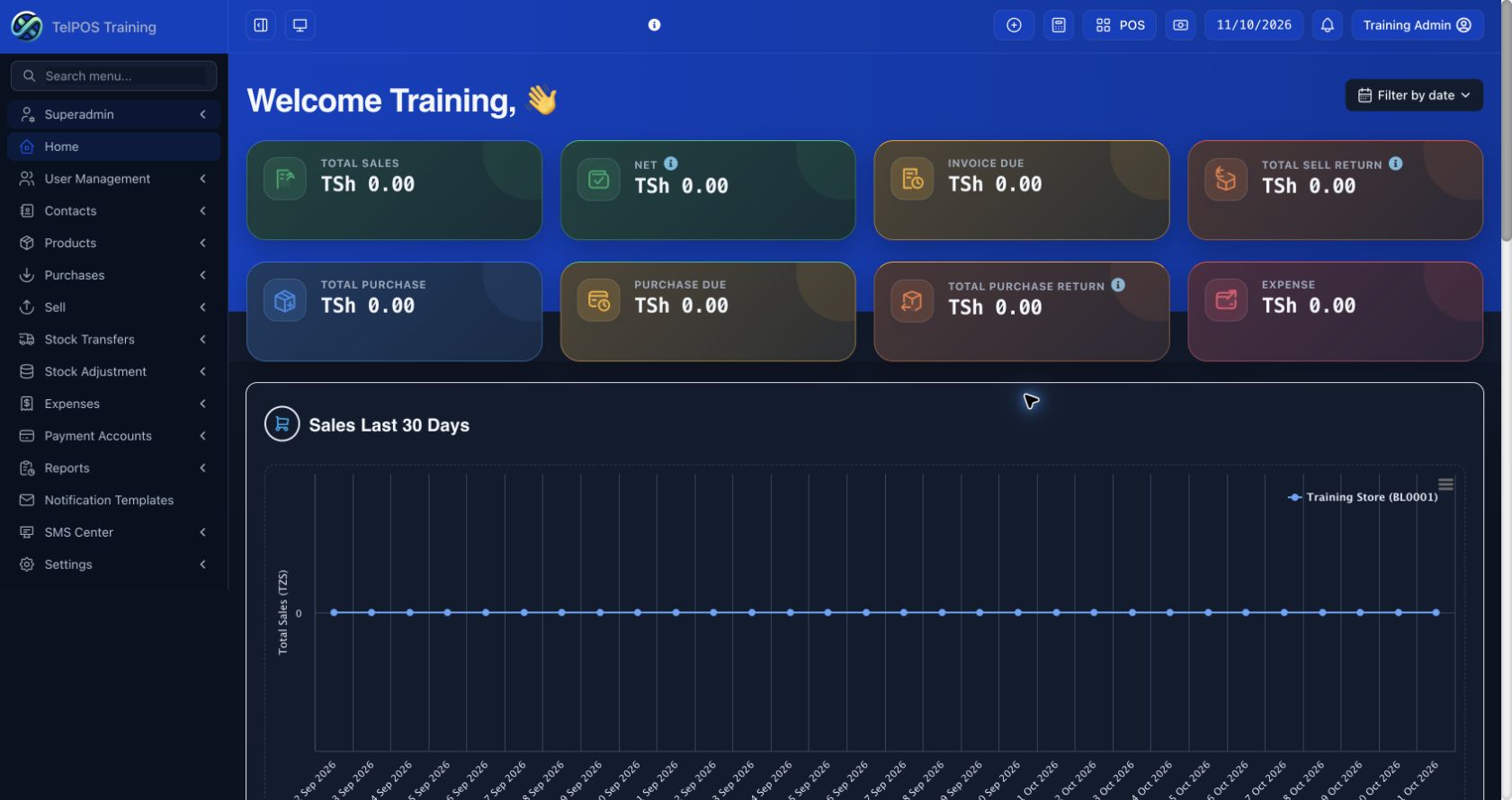 TelPOS ERP training workspace: Read your home dashboard