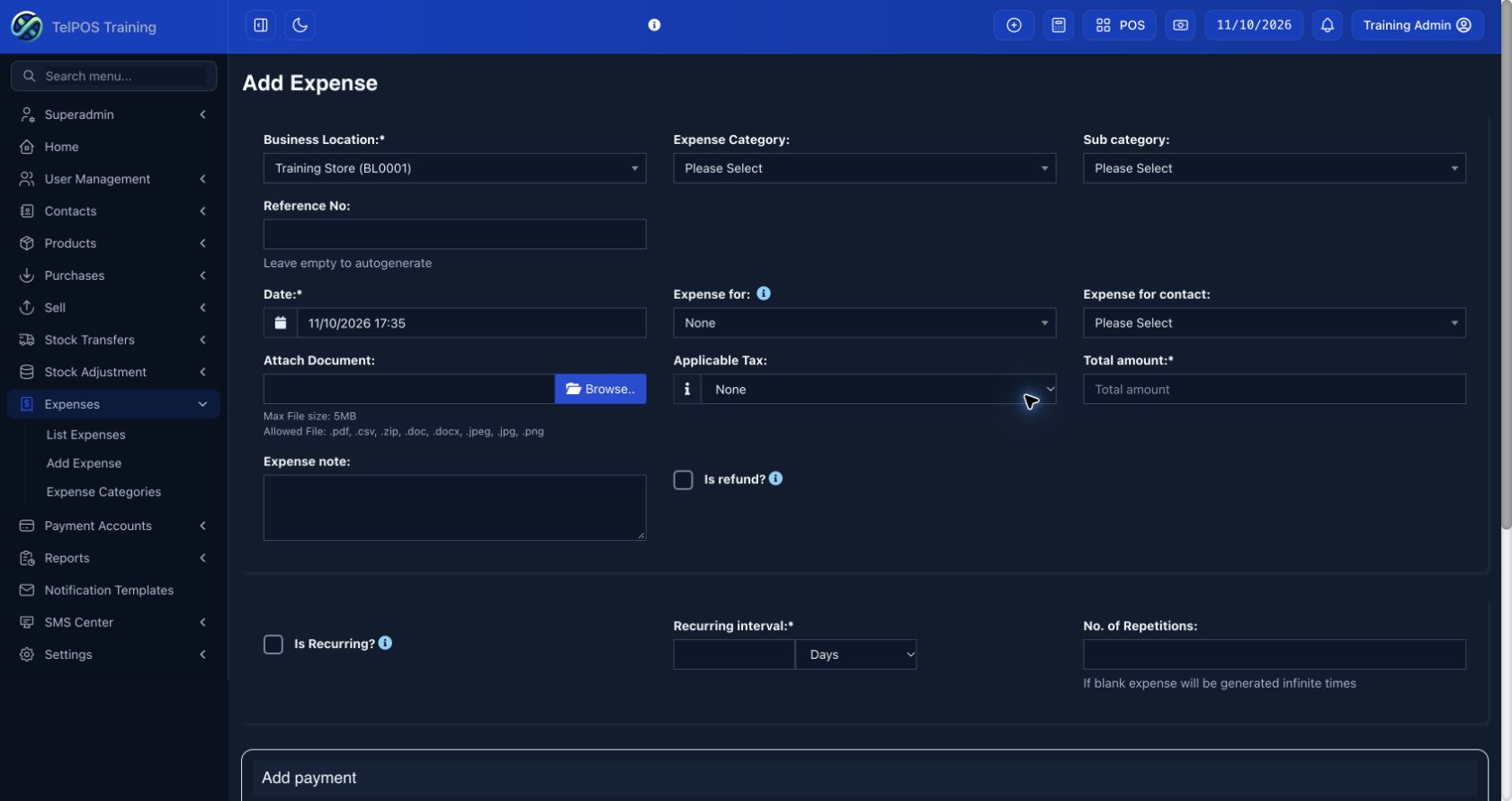 TelPOS ERP training workspace: Record and edit expenses
