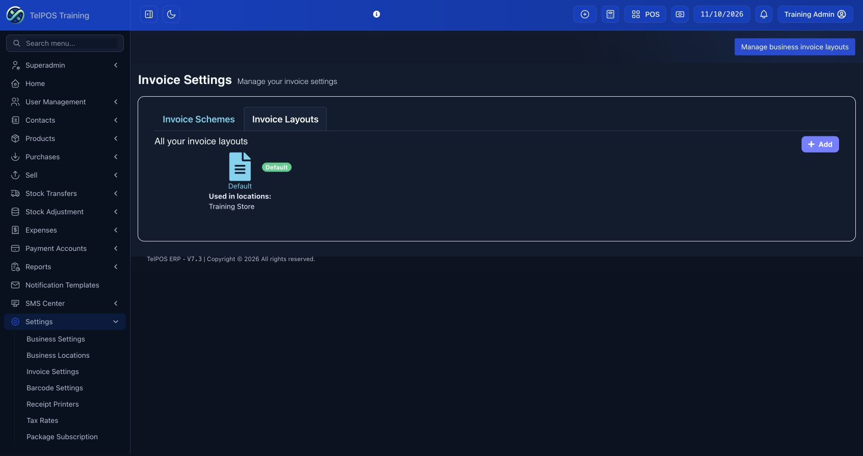 TelPOS ERP training workspace: invoice-layouts