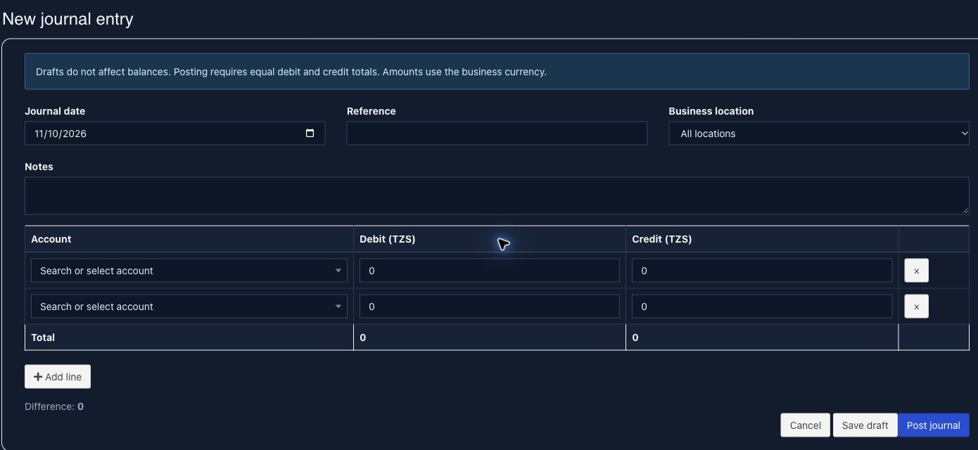 Blank TelPOS ERP journal-entry form with debit and credit lines