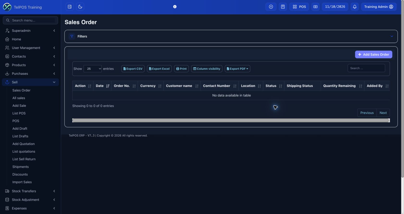 TelPOS ERP training workspace: Create and partially serve customer orders