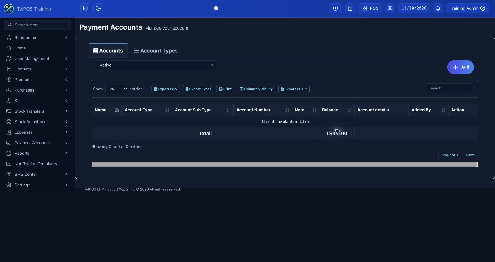 TelPOS ERP training workspace: Set up payment accounts and link payments