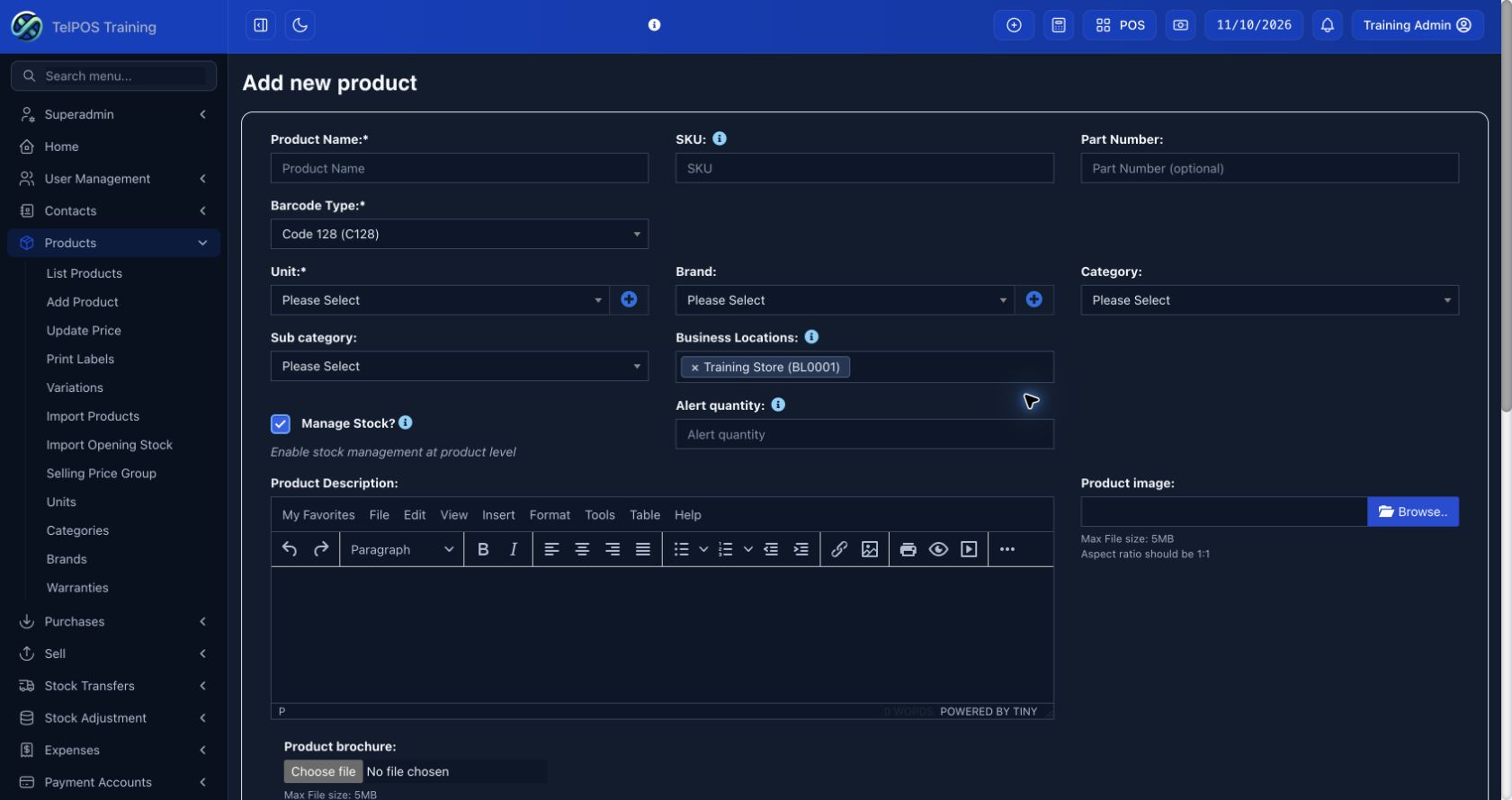 TelPOS ERP training workspace: Add products and services