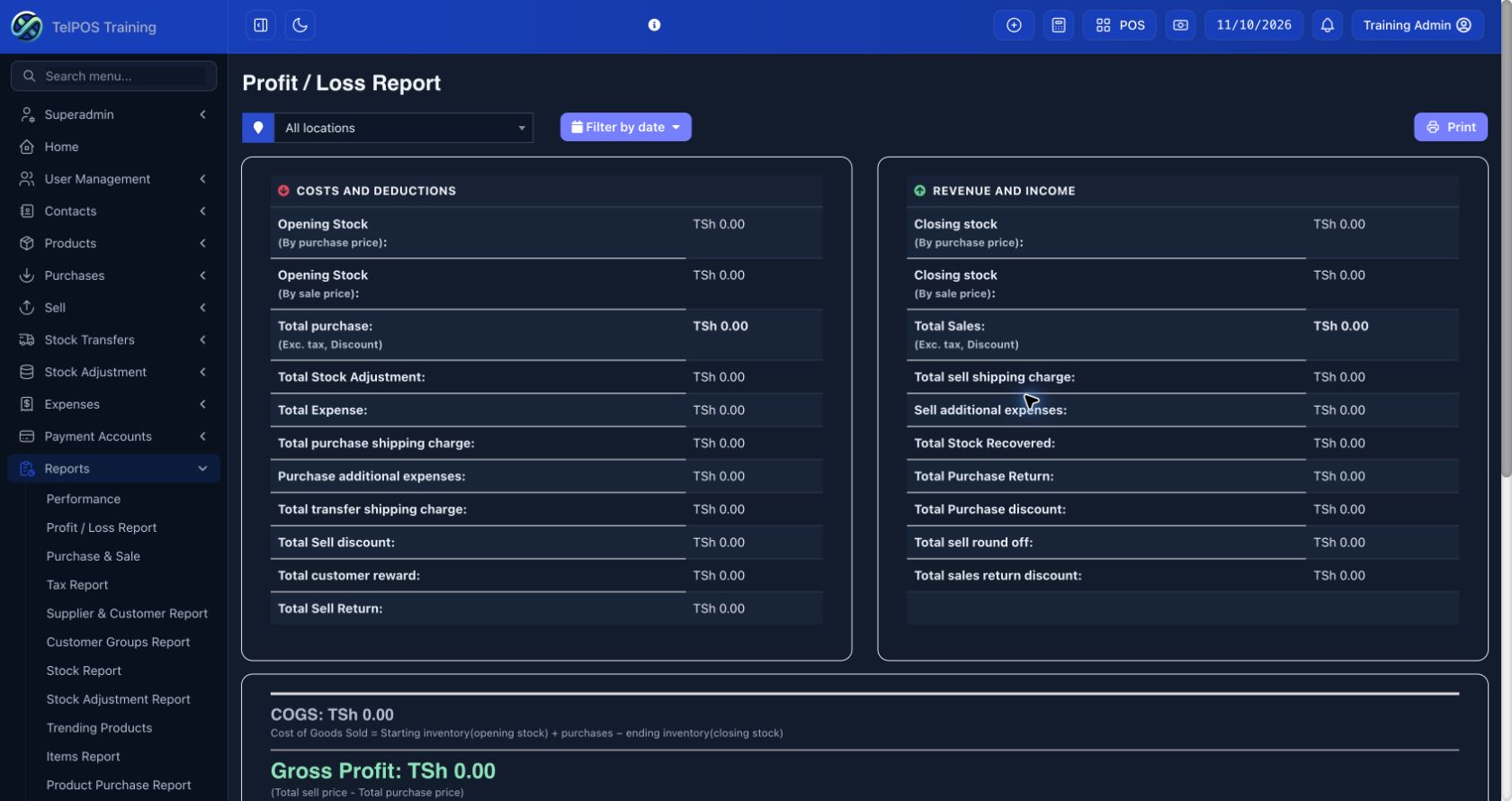 TelPOS ERP training workspace: Read the Profit / Loss Report