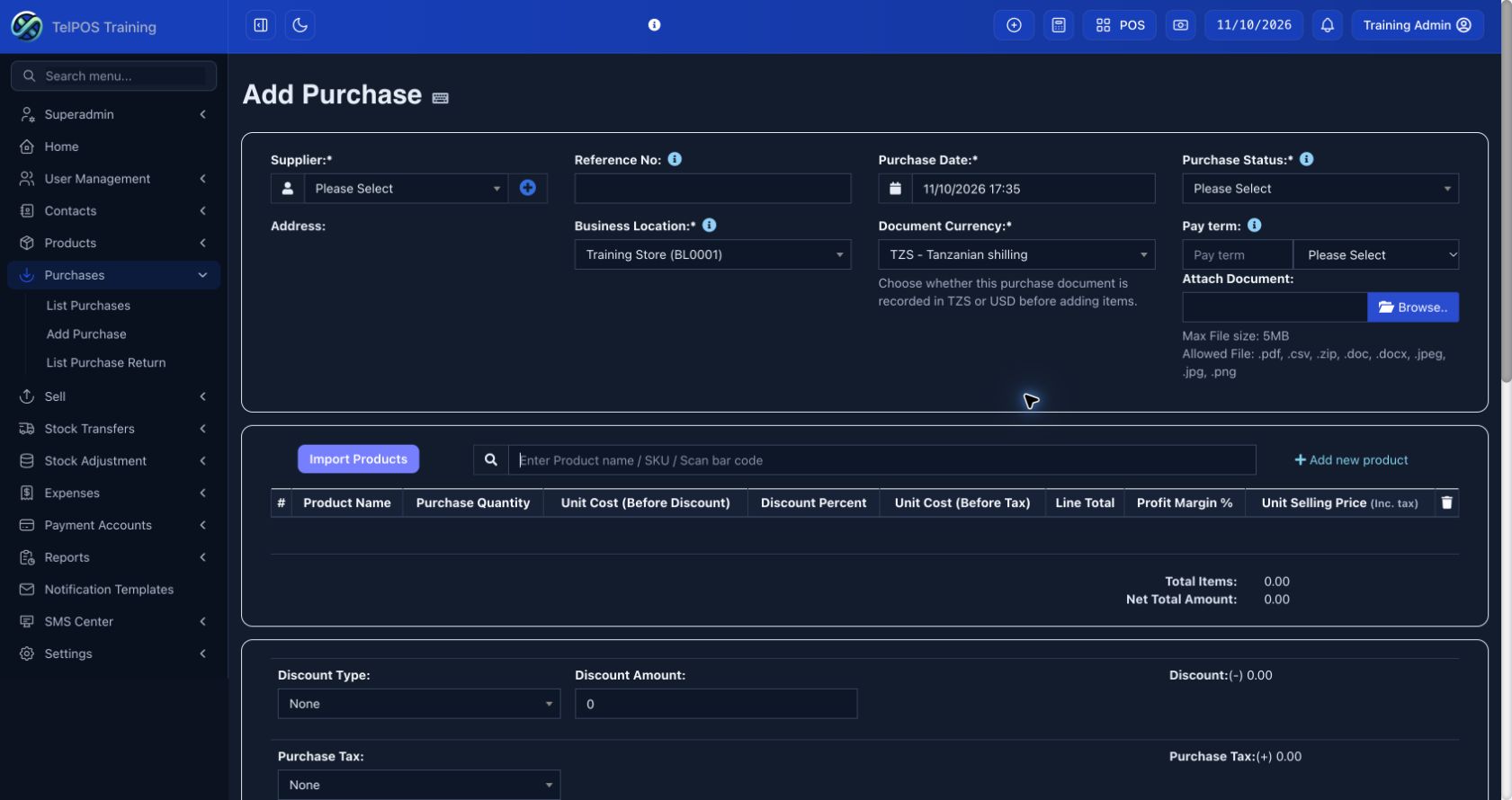 TelPOS ERP training workspace: Receive a purchase and record supplier payment